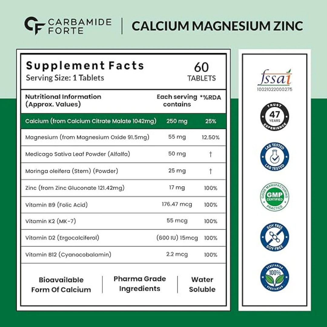 Carbamide Forte Calcium Magnesium & Zinc Tablets with Vitamin D, Vitamin K2-MK7 & B12 - Image 3