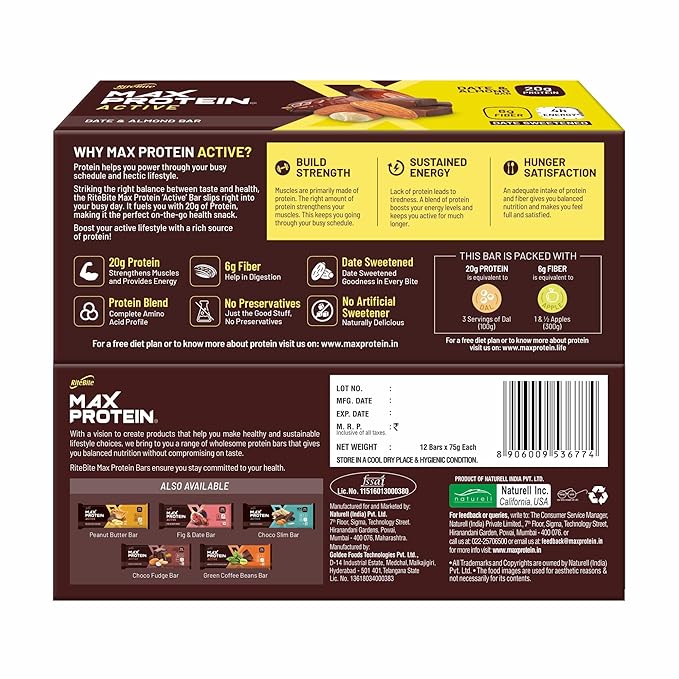 RiteBite Max Protein Active Date & Almond Protein Bar - 20g Protein - Image 3